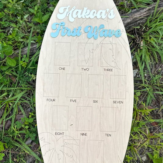 Personalized Surfboard First Birthday Photo Board