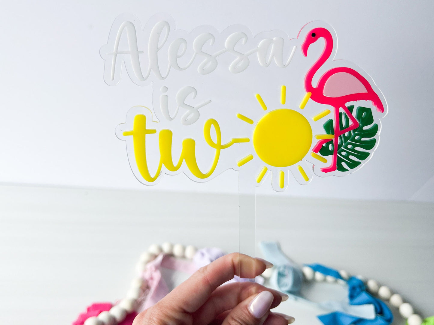 Personalized Second Birthday Cake Topper, One in the Sun, Tropical Second Birthday Cake Topper, Flamingo Cake Topper, Two year birthday cake