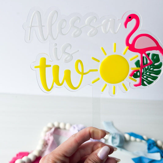 Personalized Second Birthday Cake Topper, One in the Sun, Tropical Second Birthday Cake Topper, Flamingo Cake Topper, Two year birthday cake