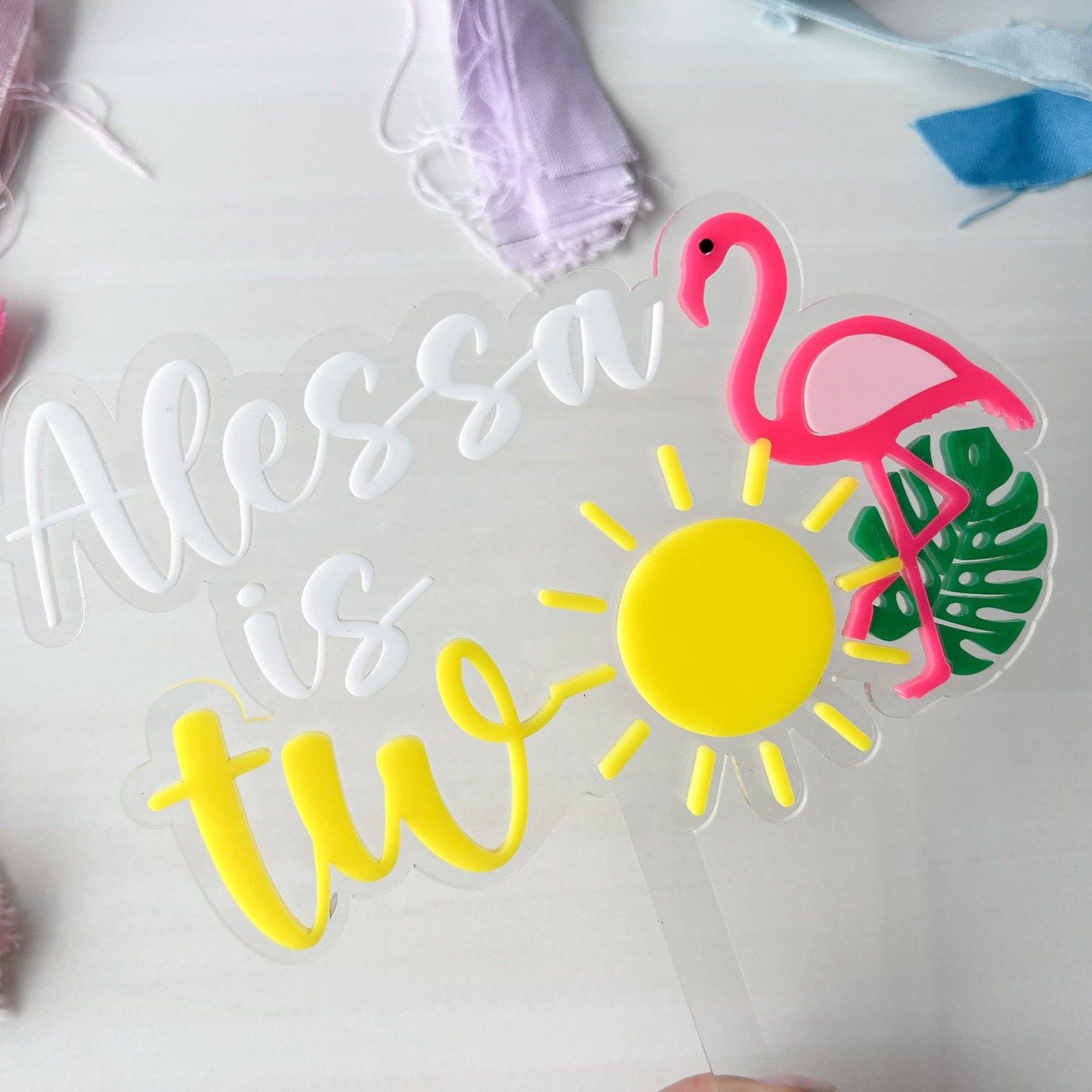 Personalized Second Birthday Cake Topper, One in the Sun, Tropical Second Birthday Cake Topper, Flamingo Cake Topper, Two year birthday cake
