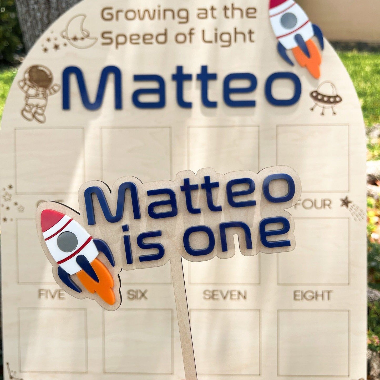 Outer Space Theme First Birthday Cake Topper, Personalized Acrylic Cake Topper, Space theme Galaxy Party Decor, Rocket Ship 1st Birthday