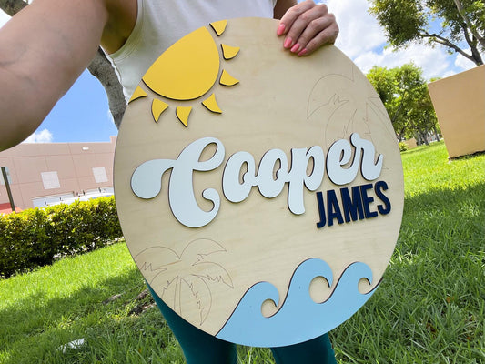 Nursery Name Sign, 3D Custom Ocean Wave Name Sign, Round Wood Room Sign, Baby Name Reveal, Beach Surf Nursery Theme, Nautical Crib Sign