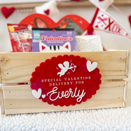Valentine Delivery Box, Personalized Kids Valentine's Day Box, Custom Holiday Crate with Name Plaque, Special Delivery Wooden Valentine Gift