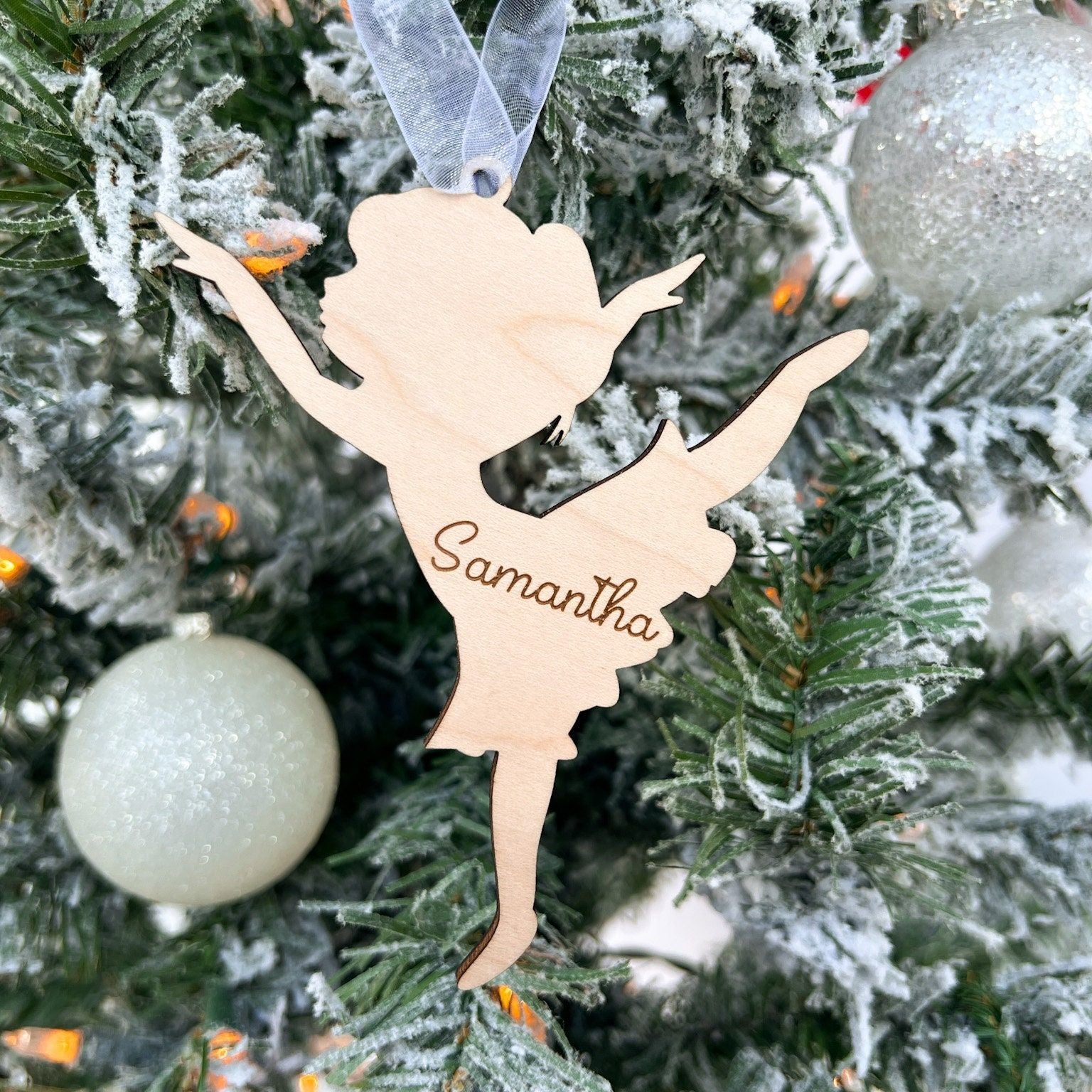 Personalized Wooden Ballerina Ornament featuring the elegant Leg Up Pose (Arabesque), with the dancer's name engraved across the center.
