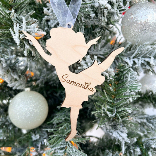 Personalized Wooden Ballerina Ornament featuring the elegant Leg Up Pose (Arabesque), with the dancer's name engraved across the center.