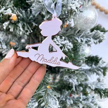 Personalized Mirrored Acrylic Ballerina Ornament showcasing the beautiful reflection of the Christmas lights, featuring the Engraved Name and the Split Leg Pose.