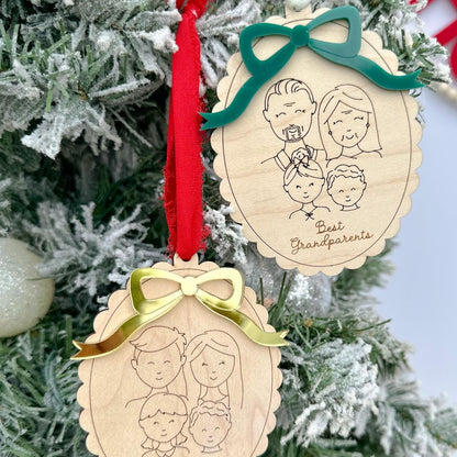 Two Engraved Portrait Ornaments side-by-side, demonstrating the variety of male and female portrait options available for customization.
