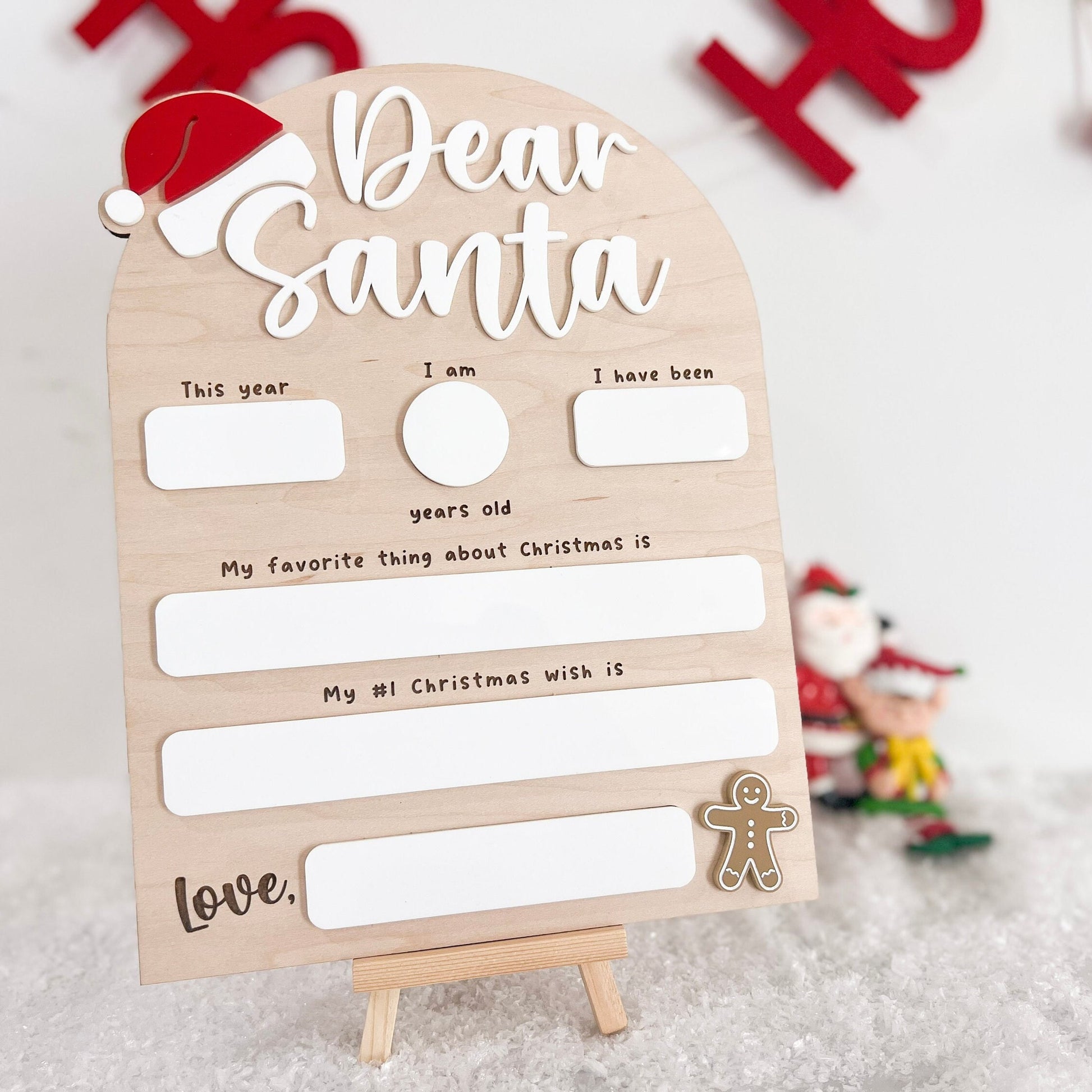 Close-up of the Reusable Christmas Board detailing the laser-engraved fields for age, height, and Christmas wishes.