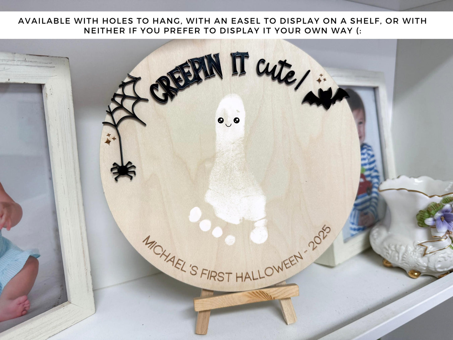 Detail of the 3D black acrylic "Creepin it cute!" lettering and laser-engraved custom name on the Halloween Sign.