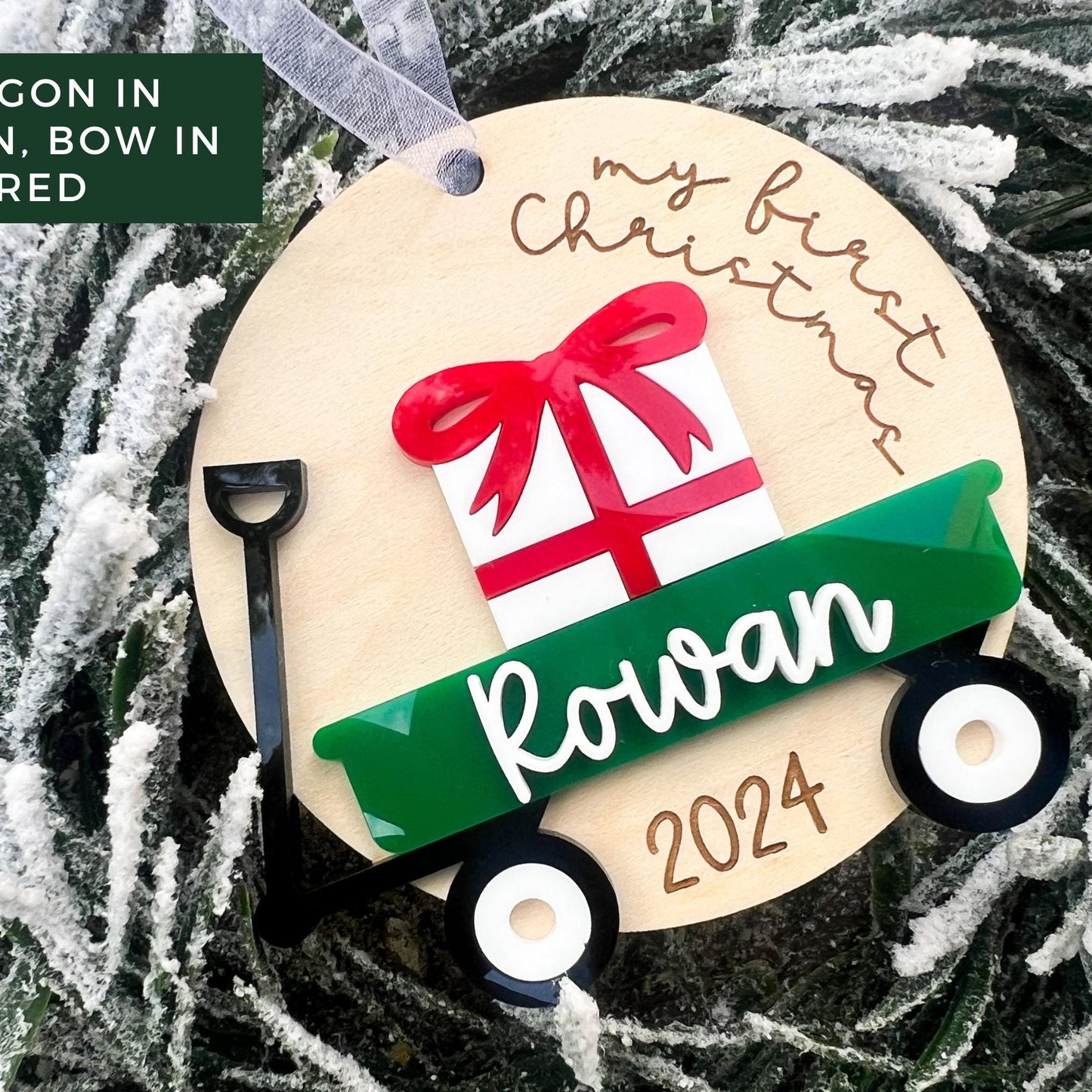 Close-up of the Custom Wagon Keepsake highlighting the 3D layered name and the engraved year detail beneath the wagon design.