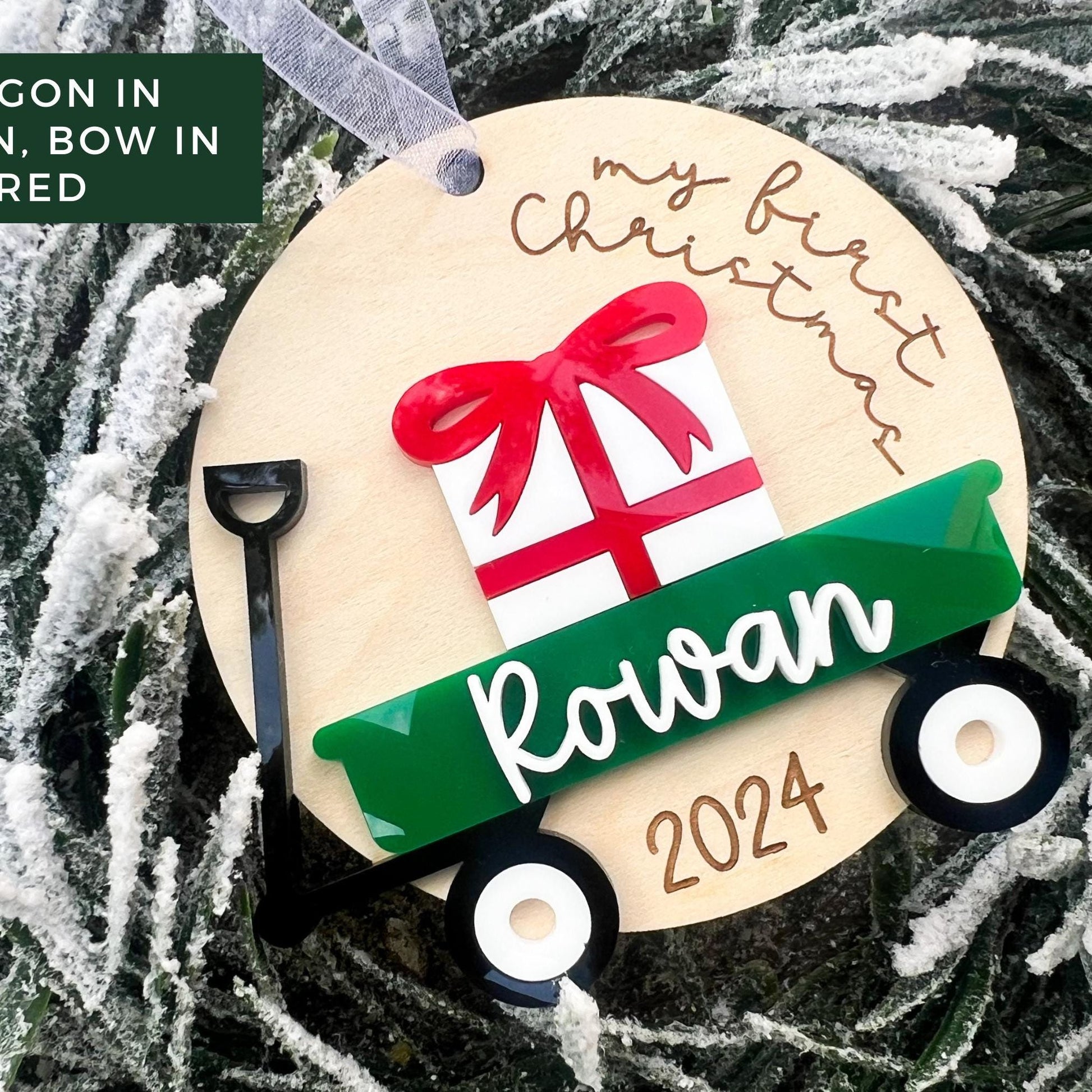 Close-up of the Custom Wagon Keepsake highlighting the 3D layered name and the engraved year detail beneath the wagon design.