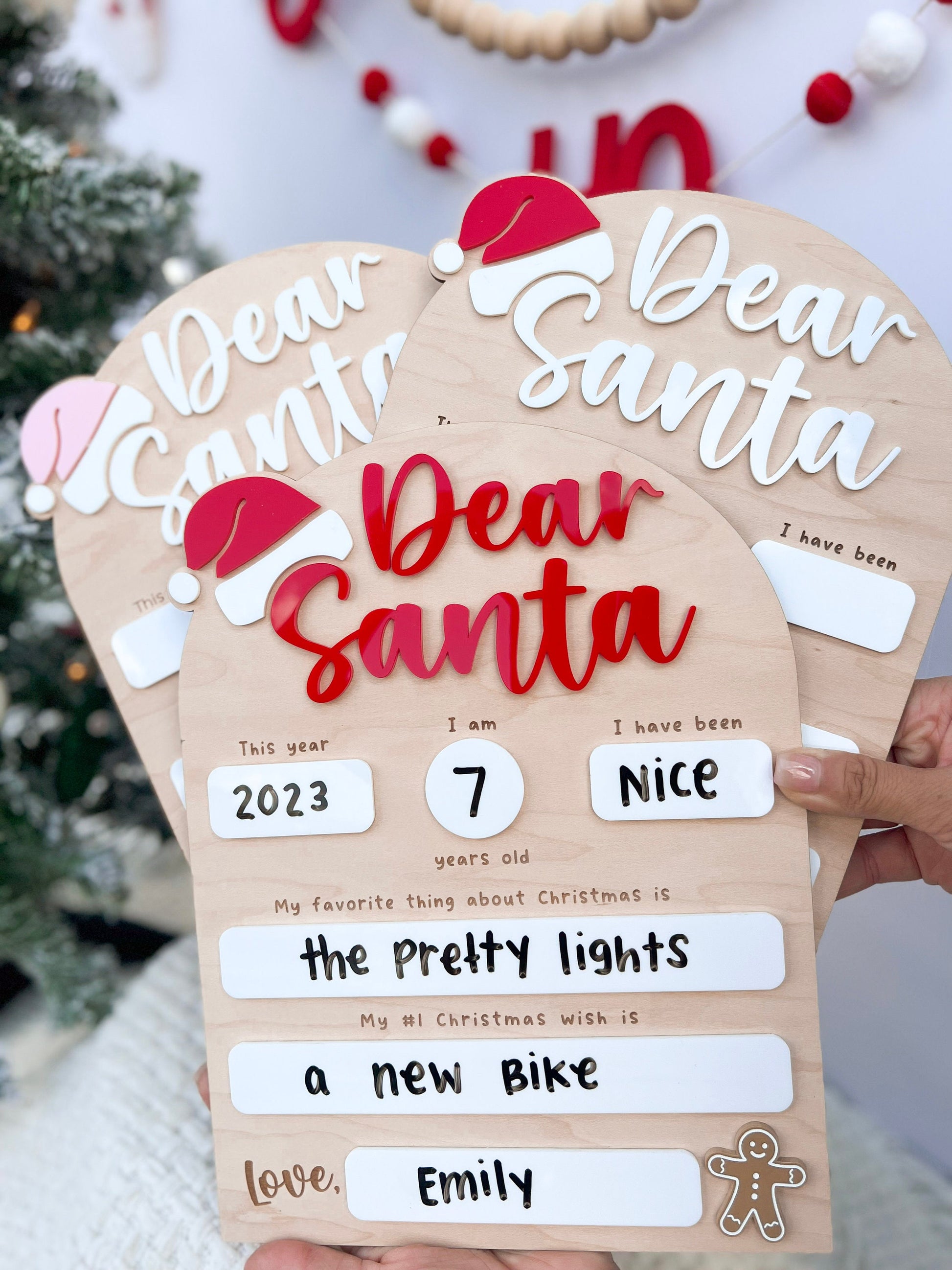 Overhead view of the Custom Dear Santa Boards showcasing the maple plywood and the full layout of the Christmas List template.