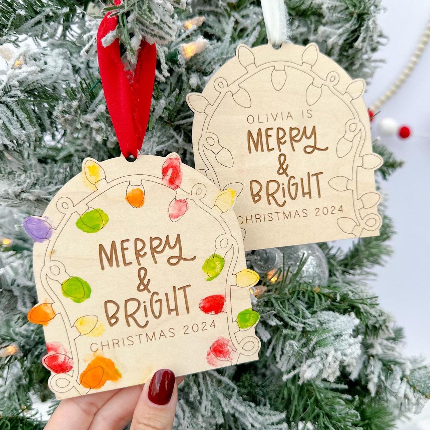 Two Merry and Bright Ornaments side-by-side, one personalized with a Custom Name and the other with a Custom Year (2024), demonstrating options.