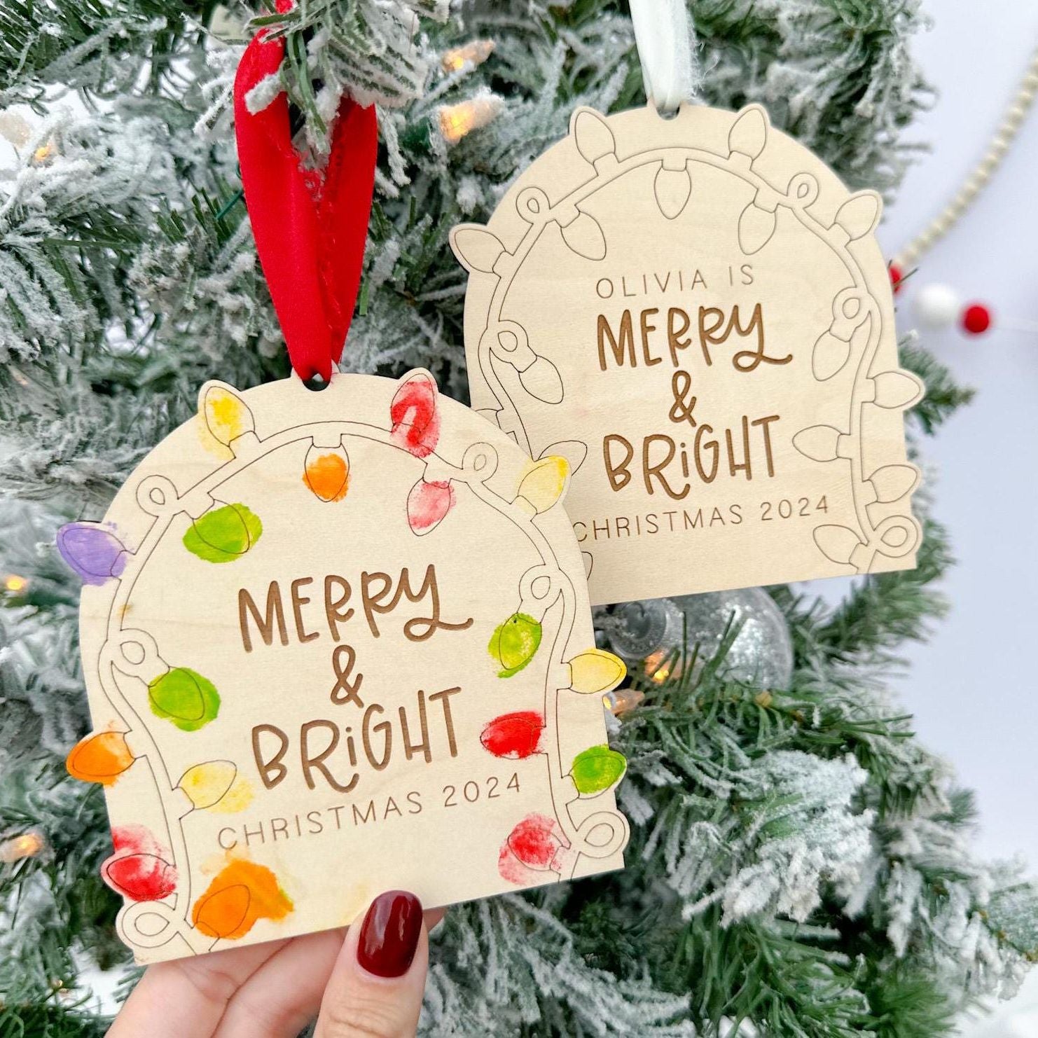 Two Merry and Bright Ornaments side-by-side, one personalized with a Custom Name and the other with a Custom Year (2024), demonstrating options.