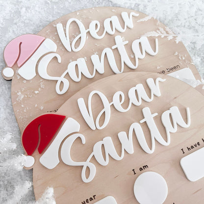 Close-up of the Reusable Christmas Board detailing the laser-engraved fields for age, height, and Christmas wishes.