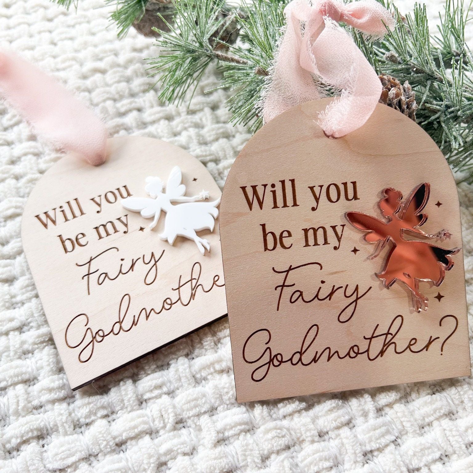 Close-up of the Wooden Godmother Keepsake detailing the laser-engraved question and star accents on the maple wood base.