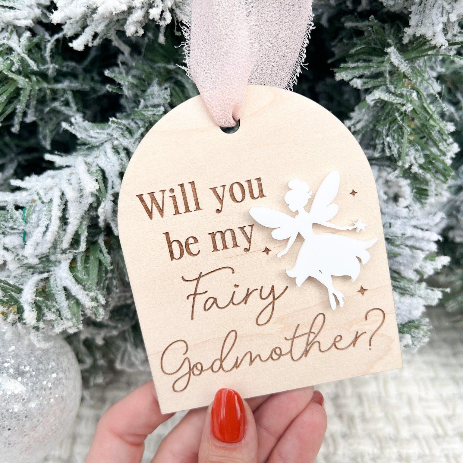 "Will You Be My Fairy Godmother" Proposal Ornament with the layered acrylic fairy in white color, shown with proposal accessories.
