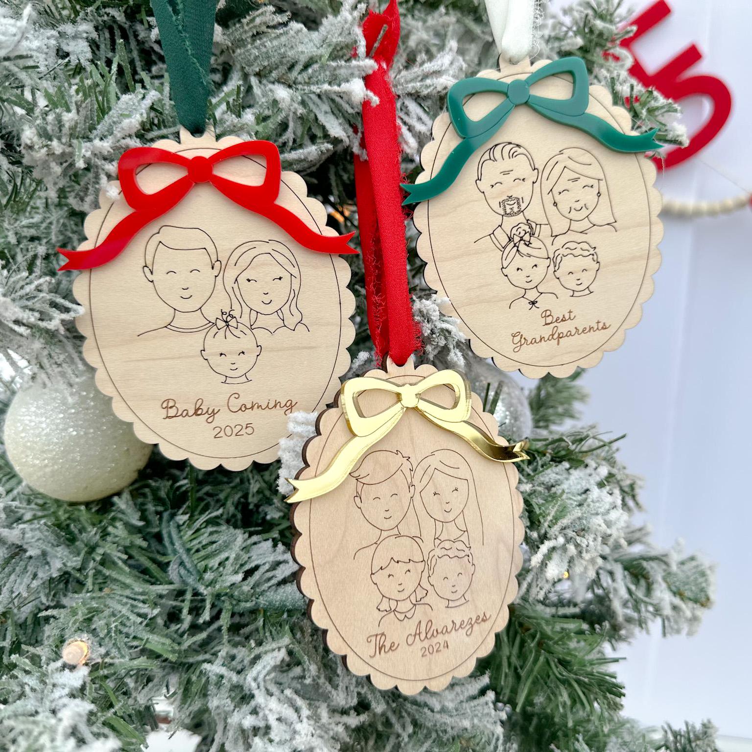 Close-up of the ornament showcasing the layered acrylic bow in a custom colors, highlighting the Coquette aesthetic detail.