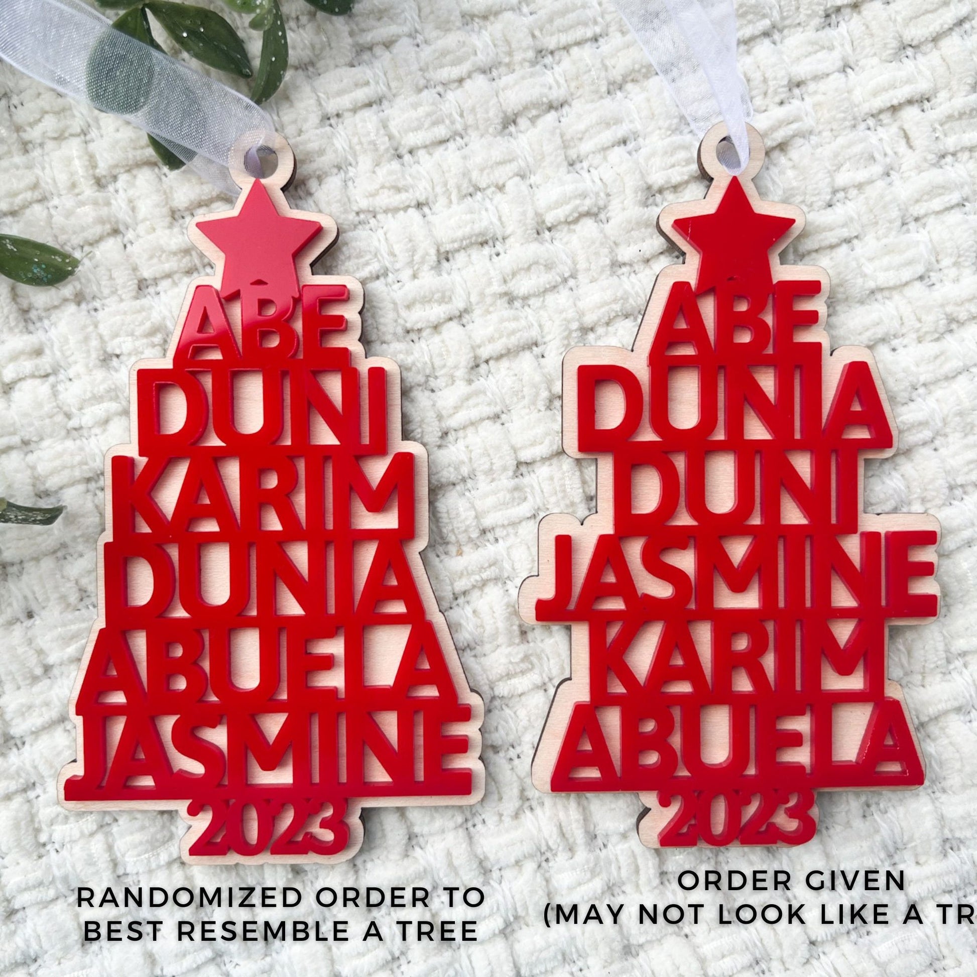 Two Family Name Ornaments side-by-side, demonstrating the difference between names ordered as written by customer versus random name order layout.