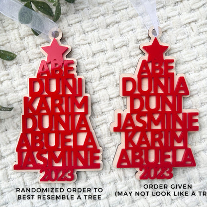 Two Family Name Ornaments side-by-side, demonstrating the difference between names ordered as written by customer versus random name order layout.