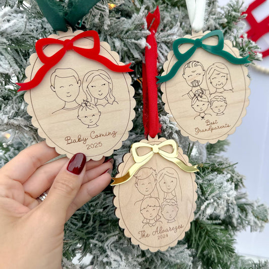 Multiple Engraved Portrait Ornaments side-by-side, demonstrating the variety of male and female portrait options available for family customization.
