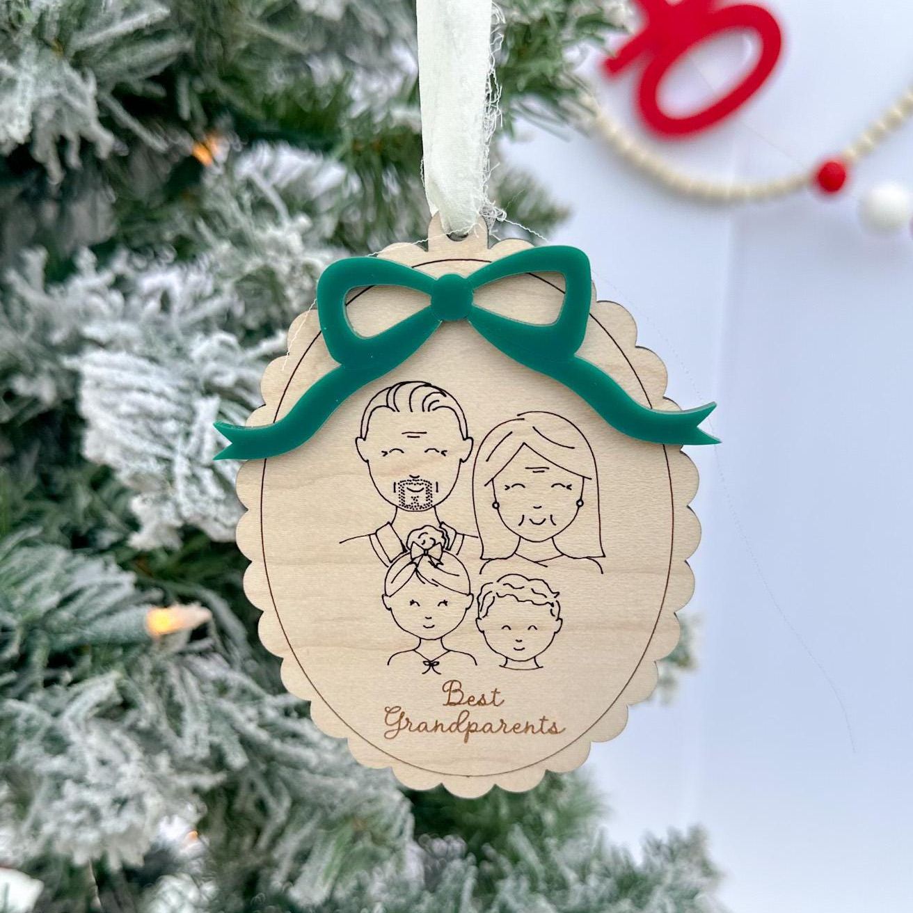 Custom Family Portrait Ornament featuring an engraved line-drawn portrait of a family of four, framed by the elegant scalloped wood edge.