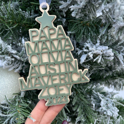 Personalized Family Name Tree Ornament with multiple names layered in 3D sage green acrylic, hanging on a dark green Christmas tree.