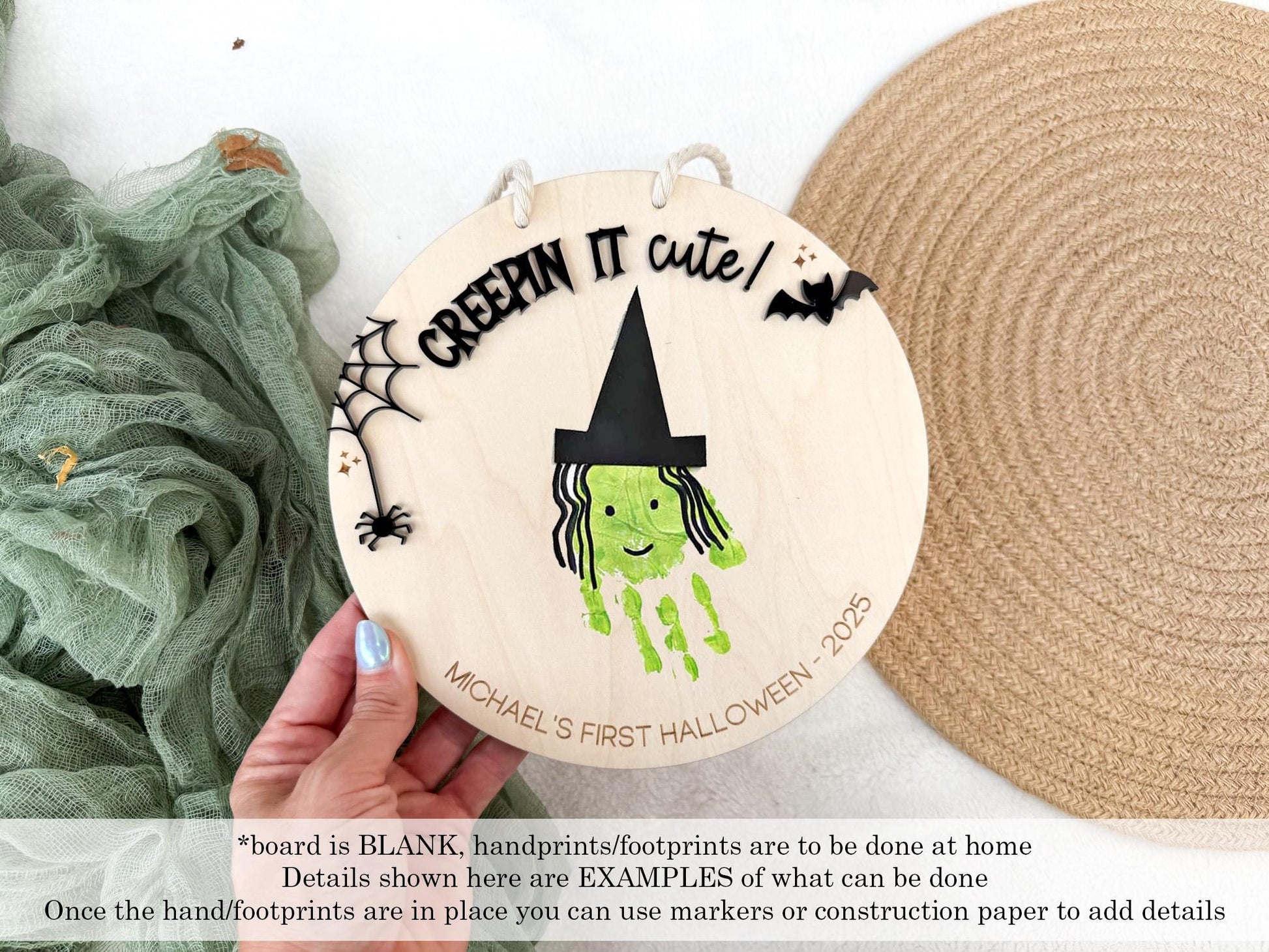 Wooden Newborn Keepsake showing ample space for a baby handprint or footprint on the center circle.