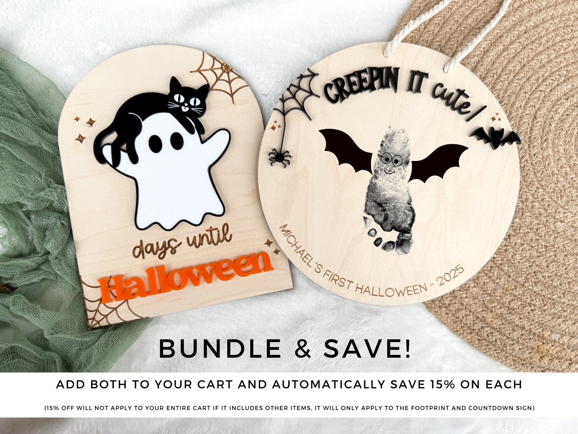 Personalized Baby's First Halloween Gift featuring a bat design with space for a child's hand or footprint and a ghost Halloween countdown sign.