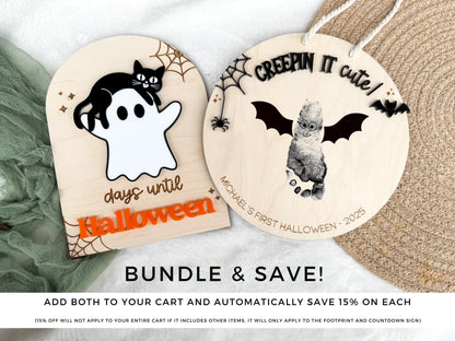 Personalized Baby's First Halloween Gift featuring a bat design with space for a child's hand or footprint and a ghost Halloween countdown sign.