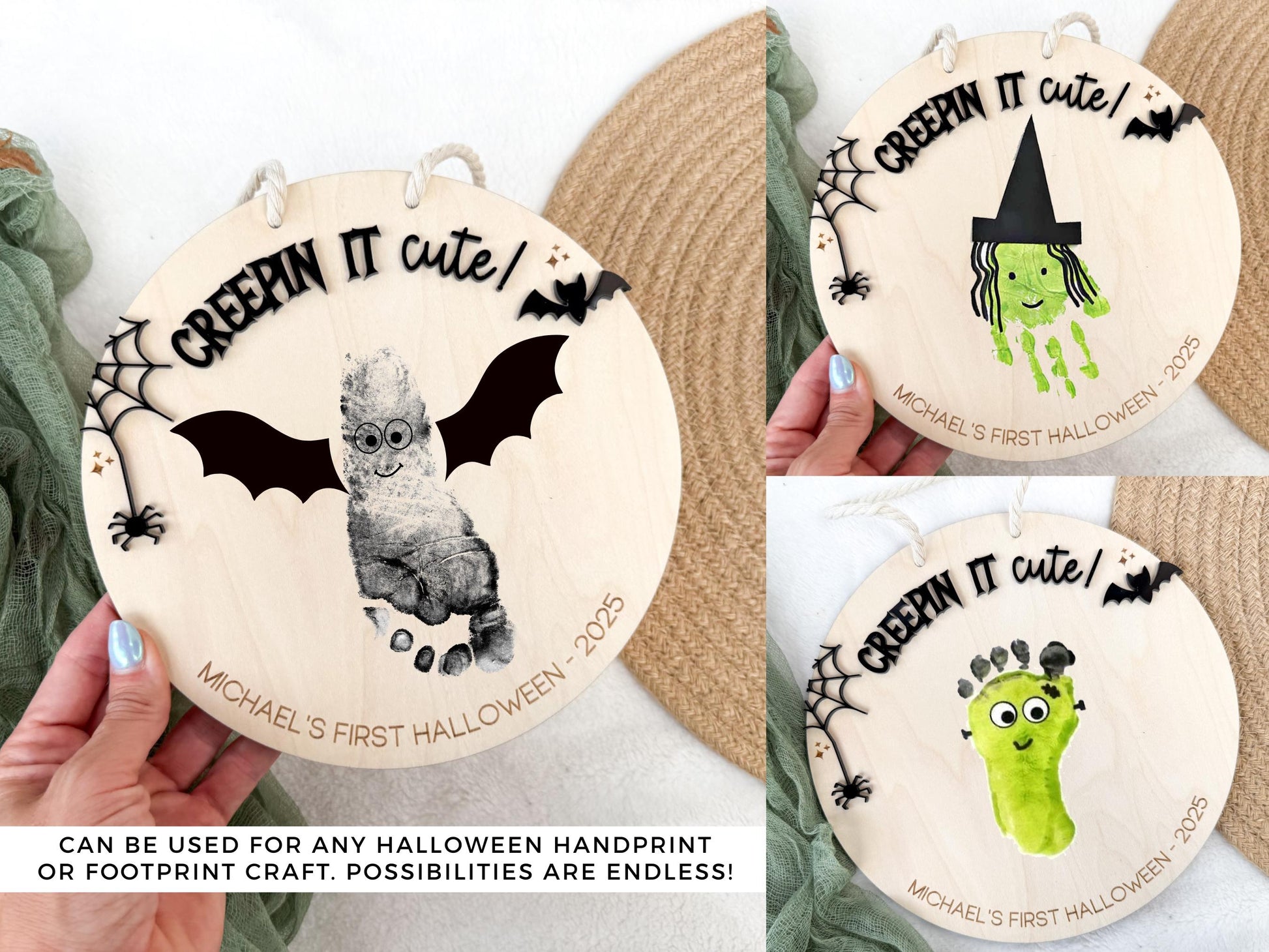 DIY Halloween Footprint Plaque on maple plywood with a painted bat footprint ready to be personalized.