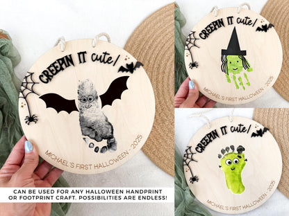 DIY Halloween Footprint Plaque on maple plywood with a painted bat footprint ready to be personalized.
