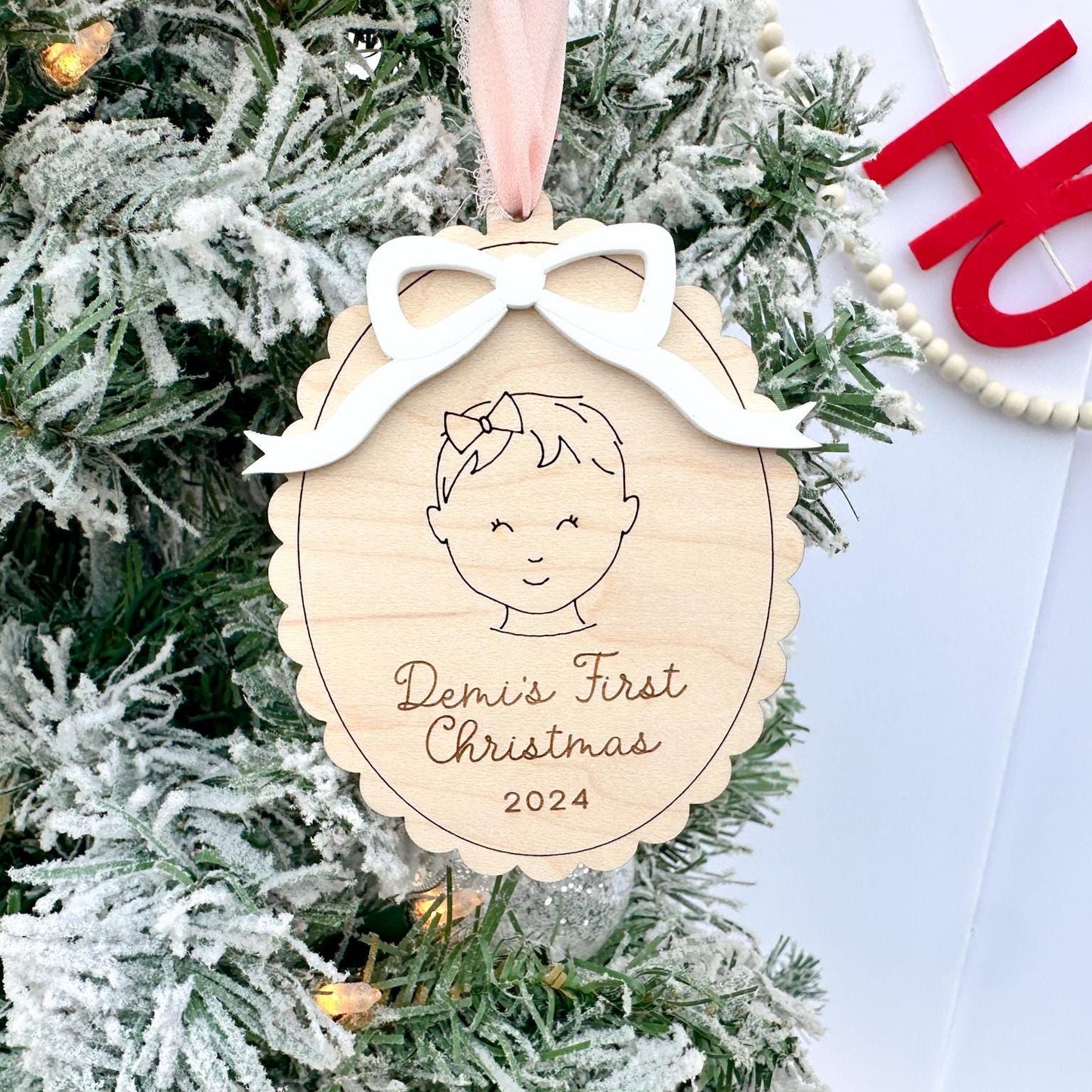 Close-up of the ornament showcasing the layered acrylic bow in a custom color (e.g., white), highlighting the Coquette aesthetic detail.