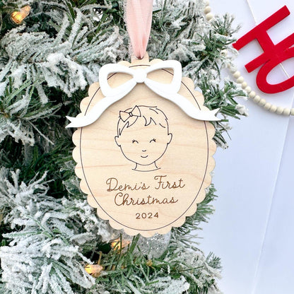 Close-up of the ornament showcasing the layered acrylic bow in a custom color (e.g., white), highlighting the Coquette aesthetic detail.