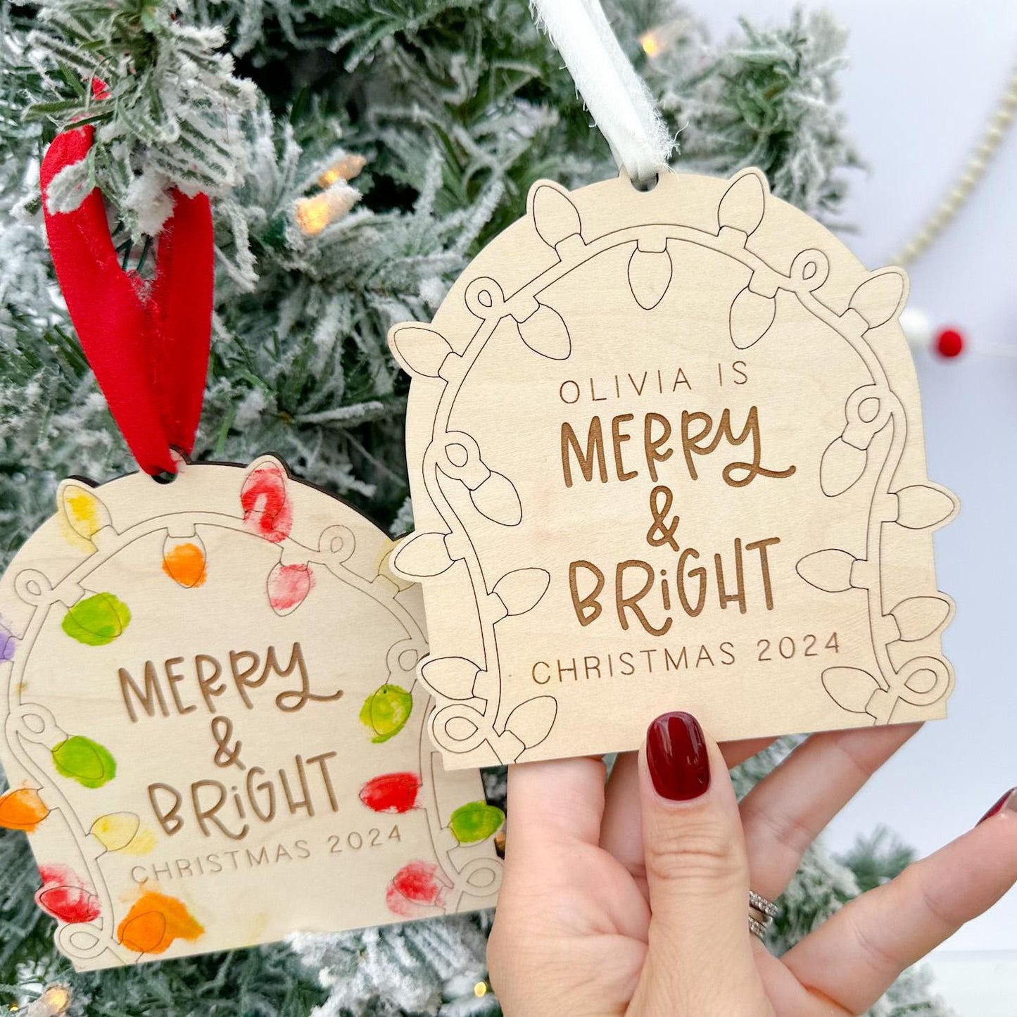 DIY Fingerprint Christmas Ornament Blank engraved with "Merry and Bright", showing the empty light sockets ready for kids' finger paint.
