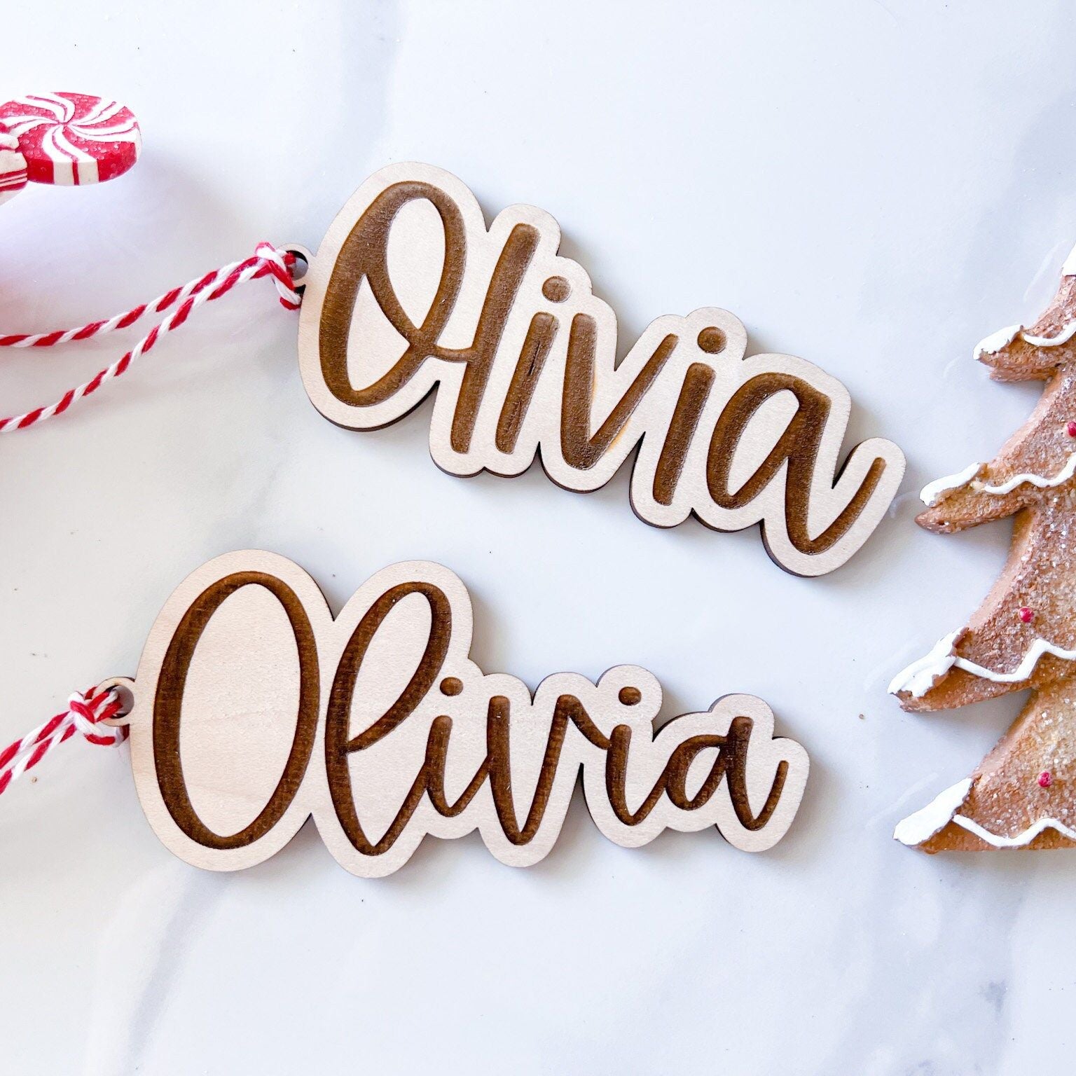 Two Custom Name Gift Tags side-by-side: one in the script font and one in the block font, illustrating the font choices.