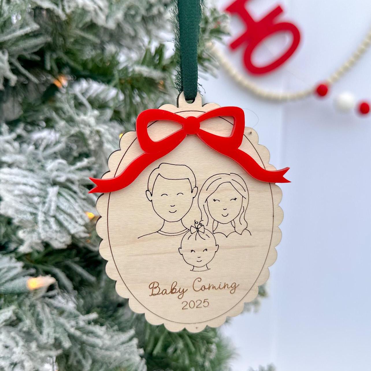 Personalized Family Keepsake hung on a Christmas tree, displaying the engraved year (2025) and custom family name text below the portrait.