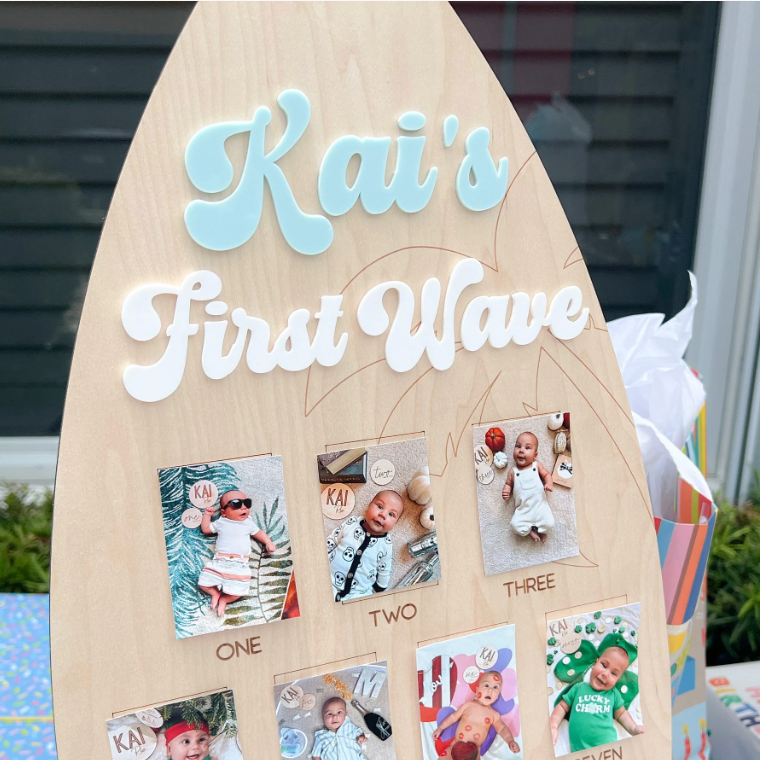 Personalized Surfboard First Birthday Photo Board