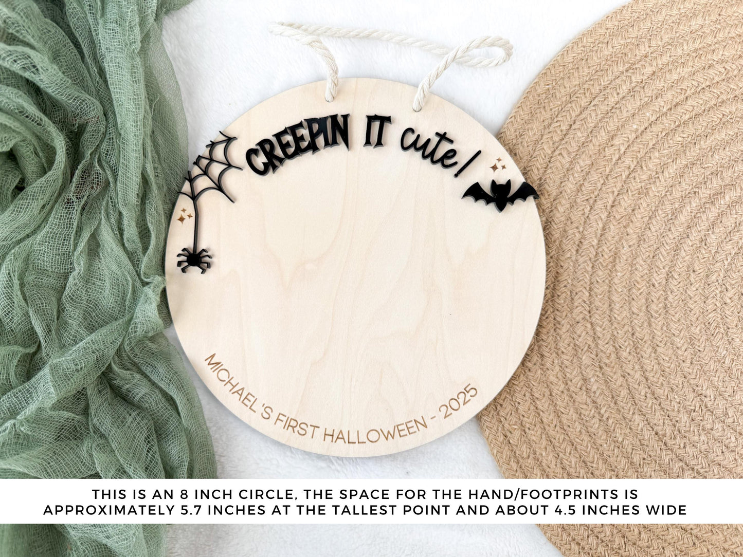 Wooden Newborn Keepsake showing ample space for a baby handprint or footprint on the center circle.