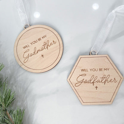 Unique Christmas proposal set featuring "Will You Be My Godmother" and "Will You Be My Godfather" wood tags, perfect for announcing godparents.