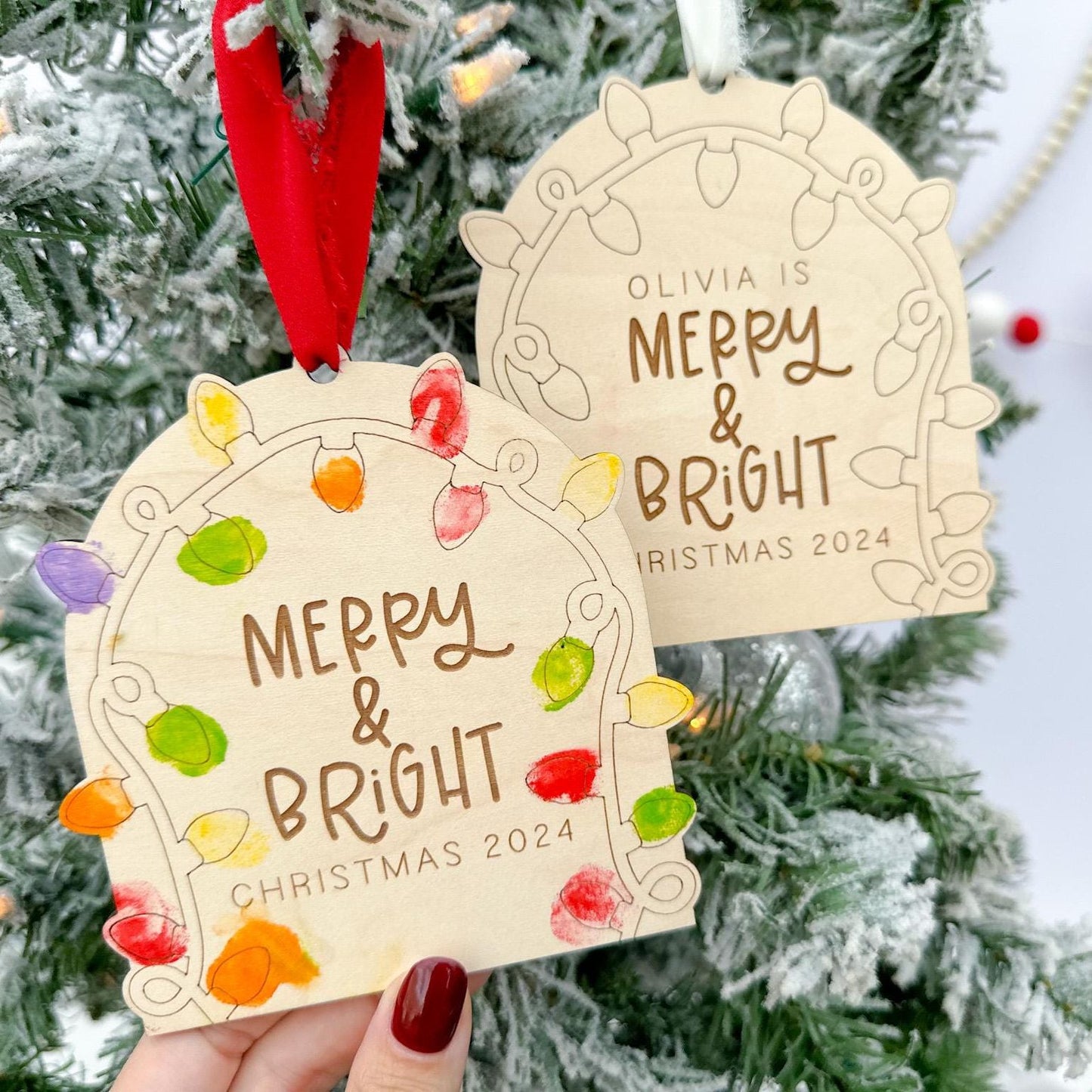 Two Merry and Bright Ornaments side-by-side, one personalized with a Custom Name and the other with a Custom Year (2024), demonstrating options.