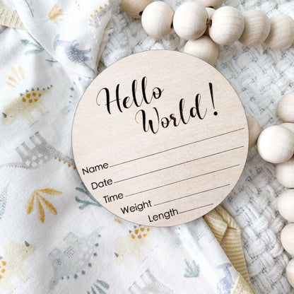Hello World Birth Stat Sign, Hospital Announcement Sign, Newborn Photo Sign, Engraved Wood Sign, Baby Stats Plaque, Round Birth Info Sign