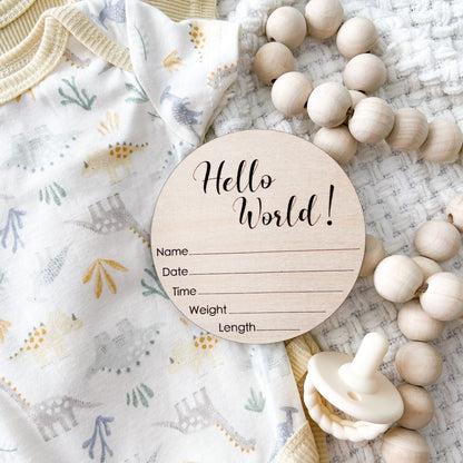 Hello World Birth Stat Sign, Hospital Announcement Sign, Newborn Photo Sign, Engraved Wood Sign, Baby Stats Plaque, Round Birth Info Sign