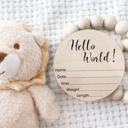 Hello World Birth Stat Sign, Hospital Announcement Sign, Newborn Photo Sign, Engraved Wood Sign, Baby Stats Plaque, Round Birth Info Sign