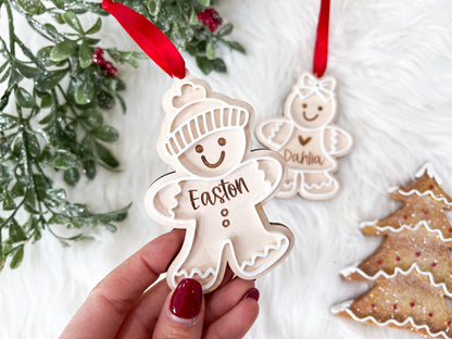 Gingerbread Ornament with Kids Name, Personalized Family Christmas Ornament, Boy Girl Personalized Gingerbread Tag, Custom Wooden Ornament