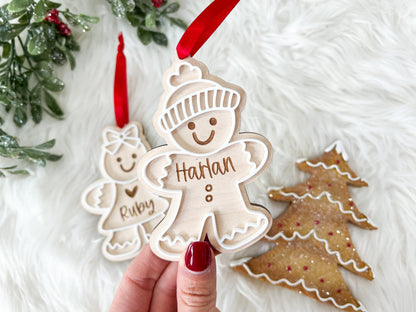 Gingerbread Ornament with Kids Name, Personalized Family Christmas Ornament, Boy Girl Personalized Gingerbread Tag, Custom Wooden Ornament