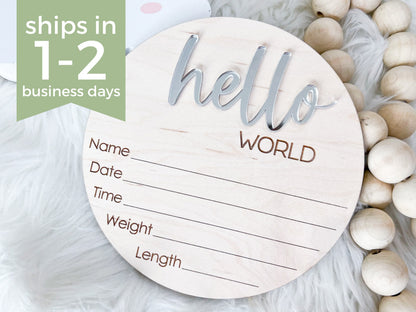 Hello World Sign for Hospital, Newborn Birth Announcement Sign, Newborn Name Wood Sign, Gender Neutral Baby Name Sign, Birth Stats Sign, MOD