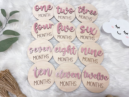 Baby Month Markers, Baby Milestone Cards, 12 Monthly Milestone Signs Baby Discs, Baby Shower Gift, Personalized Baby Milestone 3D Chunky