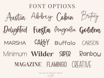 Nursery signs font chart.  A beige background displays a variety of font options in a dark brown color. The text includes words like "Austin," "Abbey," "Cabin," and "Britney." The Olive Branch Miami is at the bottom.