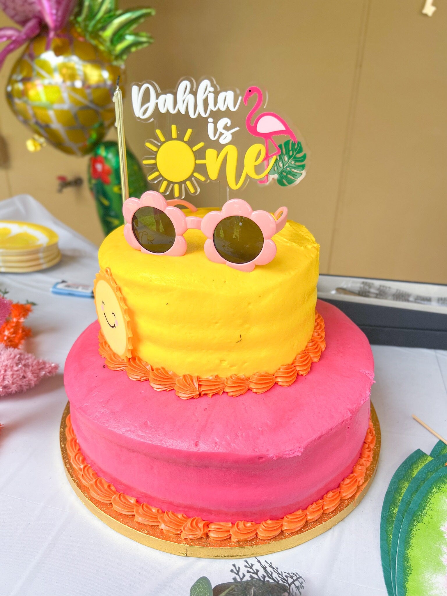 Personalized First Birthday Cake Topper, One in the Sun, Tropical First Birthday Cake Topper, Flamingo Cake Topper, One year birthday cake
